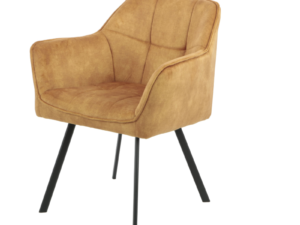 De Eetkamerstoel Emma | Velvet Yellow is een moderne fauteuil met zachte, fluweelgele bekleding, een gewatteerde zitting en rugleuning, schuine armleuningen en vier slanke, zwarte metalen poten, afgebeeld tegen een witte achtergrond.