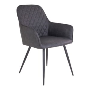 De Harbo eetkamerstoel is een set van 2 stoelen in donkergrijs PU met zwarte poten, met modern design en stiksel met ruitpatroon op de rugleuning.