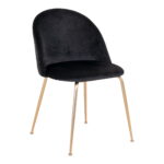 De Geneve Eetkamerstoel is een moderne set van 2 eetkamerstoelen in zwart fluweel met afgeronde zittingen en rugleuningen, ondersteund door vier slanke, schuine poten in een messing look.