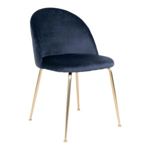 De Geneve Eetkamerstoel heeft een gebogen, blauw fluwelen zitting en rugleuning met vier slanke poten in een messing look, aangeboden als set van 2 stoelen.