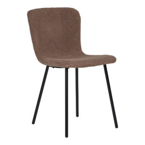 De HN1092 eetkamerstoelenset heeft donkerbruine zittingen en rugleuningen van kunstbont met vier zwarte metalen poten, die moderne stijl en comfort combineren.