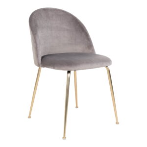 De Geneve Eetkamerstoel is een set van 2 eetkamerstoelen met grijs fluwelen zittingen en rugleuningen met slanke poten in een messing look, die een minimalistisch en elegant ontwerp bieden.
