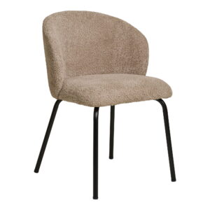 De Dining Eetkamerstoel HN1266 is een moderne set van 2 stoelen met afgeronde rugleuningen en zittingen bekleed met beige bouclé stof, ondersteund door vier zwart metalen poten.