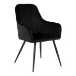 De Harbo eetkamerstoel is een set van 2 stoelen in zwart fluweel met zwarte poten, met stiksels in ruitpatroon op de rugleuning en slanke, schuine metalen poten voor een moderne look.