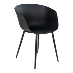 De Roda eetkamerstoel (set van 2) heeft een minimalistisch zwart ontwerp met gebogen rugleuning en armleuningen, gladde voorgevormde zitting en rugleuning en vier slanke zwarte metalen poten - perfect voor moderne ruimtes.