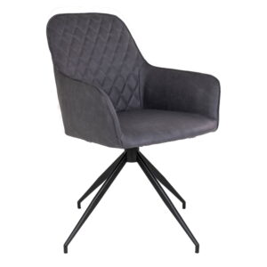 De Harbo eetkamerstoel met draaibaar onderstel (HN1221) heeft donkergrijze PU-stoffering, zwarte poten, een hoekig onderstel en een moderne look met stiksels in ruitpatroon tegen een witte achtergrond.