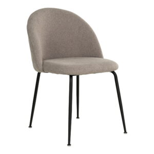 De Geneve eetkamerstoel (HN1231) heeft een ronde, steenkleurig gestoffeerde zitting en rugleuning, ondersteund door vier slanke zwart metalen poten. Set van 2.