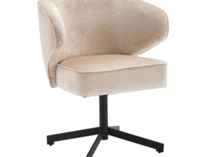 De Eetkamerstoel Persie | Beige is een modern gestoffeerde stoel met een gebogen rugleuning en een zwarte metalen draaivoet, afgebeeld tegen een witte achtergrond.