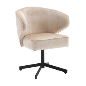De Eetkamerstoel Persie | Beige is een modern gestoffeerde stoel met een gebogen rugleuning en een zwarte metalen draaivoet, afgebeeld tegen een witte achtergrond.
