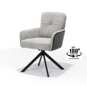 De Fred Eetkamerstoel in Stof Ecru+Cowboy 104 heeft een gewatteerde zitting en rugleuning, een zwarte 180 graden draaibare voet met automatische terugloop en een modern design.