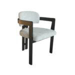 De DUBAI EETKAMERSTOEL ZB-5576 heeft een zitting en rugleuning van crèmekleurige stof met champagnekleurige poten. Het minimalistische en eigentijdse design contrasteert mooi met de witte achtergrond.