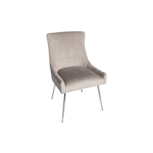 De Genoa Eetkamerstoel 5255 heeft een taupekleurig crocomotiefmotief, een licht gebogen rugleuning en slanke, hoekige zilverkleurige poten voor een moderne look.