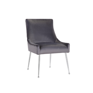De Genoa Eetkamerstoel 5255 heeft een zachte, grijze stoffen bekleding op de zitting en rugleuning, aangevuld met strakke zilverkleurige poten en een eigentijds, minimalistisch design.