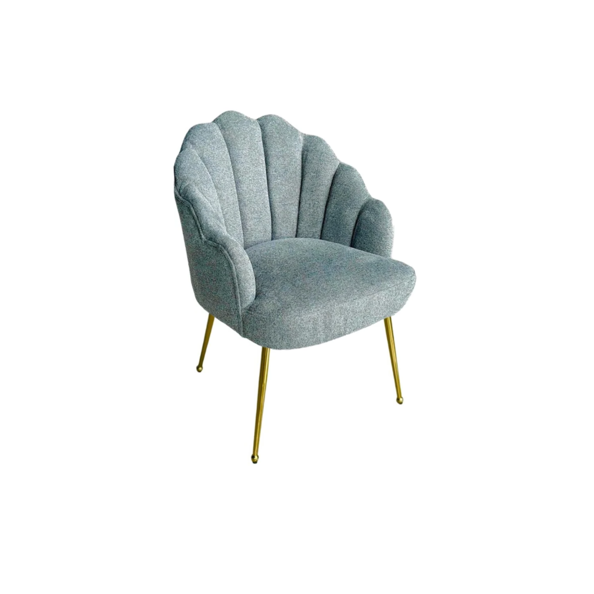Een donkergrijze gestoffeerde accentstoel, model ACCENT EETKAMERSTOEL ZB-5600, met slanke goudkleurige poten en structuurstof van Texere, afgebeeld tegen een effen witte achtergrond.