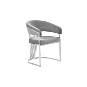 De EETKAMERSTOEL ACELYA VC806 SILVER + GREY is een moderne accentstoel met een gebogen rugleuning, grijze fluwelen bekleding, strak chromen frame en open zijkanten met verticale metalen staven.