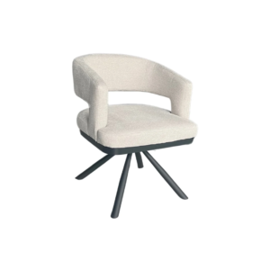 De STOEL ALENYA ZB-5620 heeft zwarte, schuin aflopende metalen poten, een taupekleurige bekleding op de zitting en rugleuning met een open rugleuning en een moderne draaifunctie.