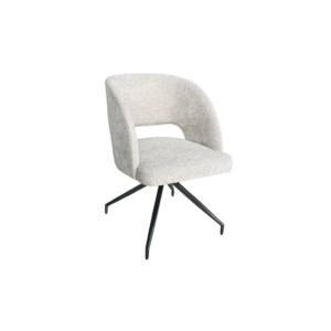 De CHAIR DOHA ZB-5642-1 heeft lichtgrijze bekleding, een open rugleuning en zwarte metalen poten in een schuine vierpuntsbasis.