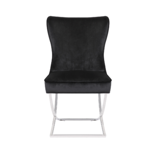 De CHAIR RIXOS 105 heeft een zwarte stoffen zitting, een brede, gebogen rugleuning en elegante, zilverkleurige sledepoten, die van voren af te zien zijn tegen een witte achtergrond.