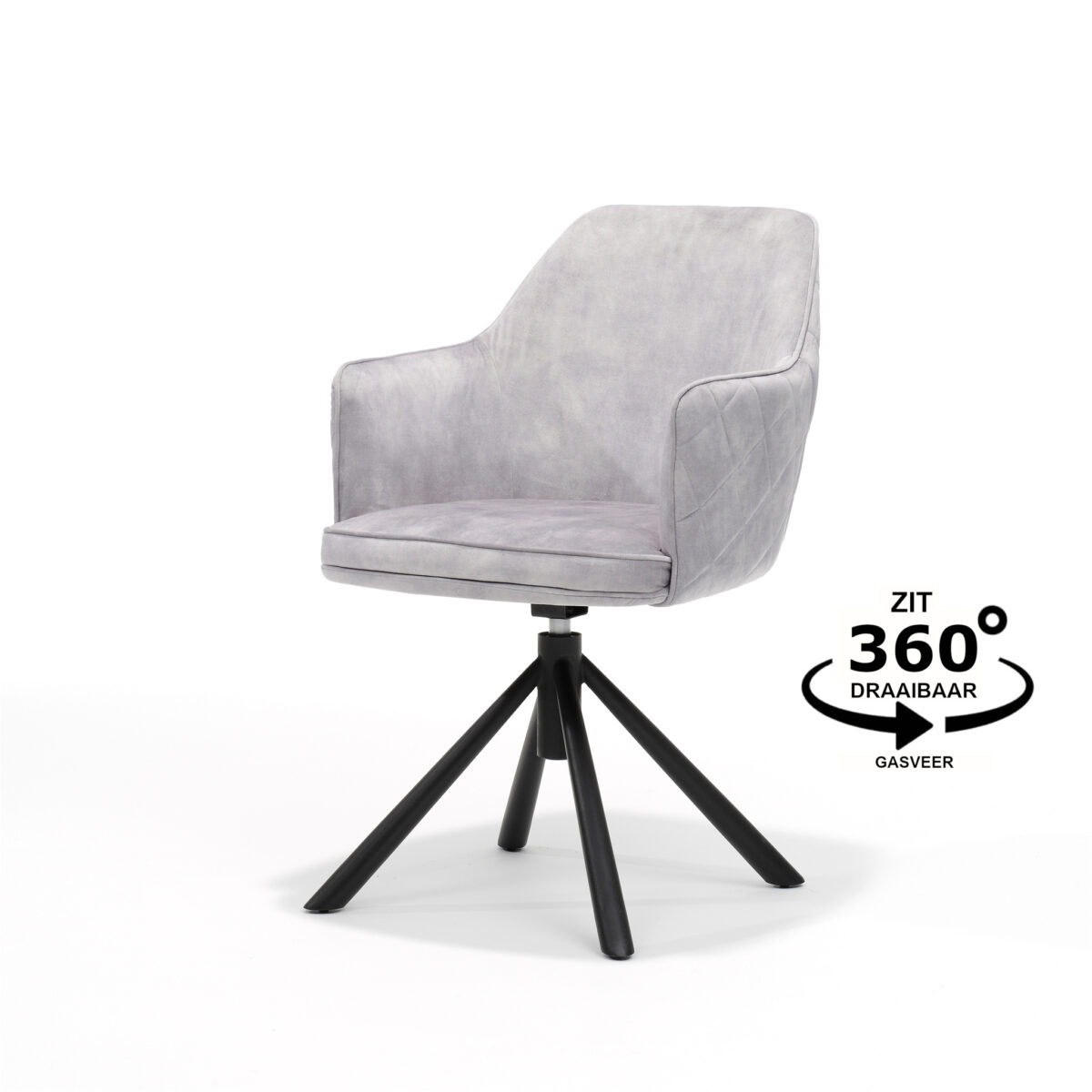 Een moderne, lichtgrijze draaistoel met een zachte zitting en rugleuning op een zwart driepootonderstel. De tekst naast de stoel luidt: ZIT 360° DRAAIBAAR GASVEER.