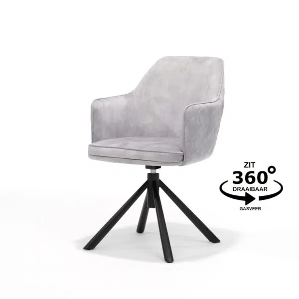 Een moderne, lichtgrijze draaistoel met een zachte zitting en rugleuning op een zwart driepootonderstel. De tekst naast de stoel luidt: ZIT 360° DRAAIBAAR GASVEER.