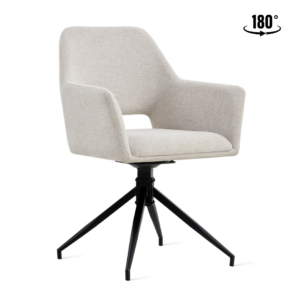 De Eetkamerstoel Tess Linnen Beige is een moderne eetkamerstoel met beige bekleding, armleuningen, een licht gebogen rugleuning, vier zwarte metalen poten en een 180° draaifunctie.