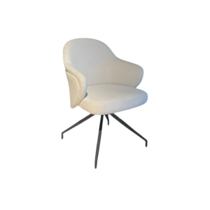De IBIZA EETKAMERSTOEL ZB-5637 heeft een eigentijdse, minimalistische beige gestoffeerde zitting met gebogen armleuningen en een rond design, ondersteund door vier naar buiten gespreide zwarte metalen poten.