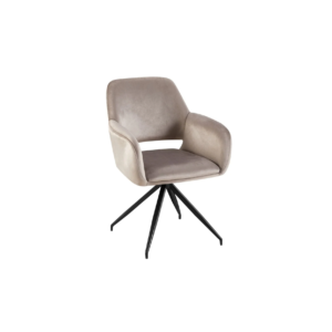 De EVA EETKAMERSTOEL TURN VC809 BLACK TAUPE is een moderne fauteuil in taupekleur met een gebogen rugleuning en armleuningen, voorzien van een zwarte metalen draaivoet met vier schuin geplaatste poten, afgebeeld tegen een witte achtergrond.