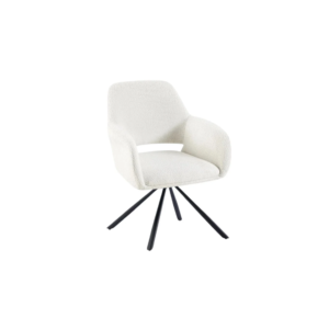 De ELITE EETKAMERSTOEL ZB-5561 is voorzien van witte Teddey-bekleding, een gebogen rugleuning, open zijkanten en naar buiten gerichte zwarte metalen poten voor een eigentijdse, minimalistische look.