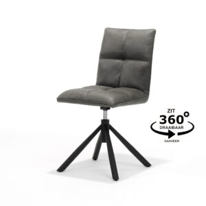 Een moderne, grijs gestoffeerde draaistoel met een zwart vierpootsonderstel. De stoel heeft een zachte zitting en rugleuning. De tekst toont ZIT 360° DRAAIBAAR GASVEER, wat aangeeft dat de stoel 360 graden kan draaien en een gaslift heeft.