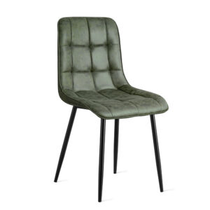 De Eetkamerstoel Thimphu Microleder Groen is een moderne stoel met een groene, gecapitonneerde zitting en rugleuning van microleer, ondersteund door vier slanke zwarte metalen poten. Het minimalistische design geeft elke ruimte een eigentijdse touch.