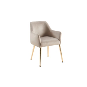 De STOEL MILA VC802A GOLD + TAUPE heeft een lichte taupekleurige bekleding, zacht gebogen armleuningen en vier slanke, goudkleurige metalen poten, afgebeeld tegen een effen witte achtergrond.