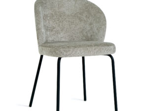De Eetkamerstoel Lio - Naturel heeft een ronde, getextureerde beige stoffen zitting en rugleuning met vier slanke, zwarte metalen poten tegen een witte achtergrond.