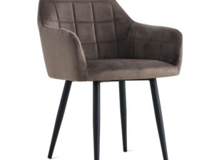 De Eetkamerstoel Praia Velvet Antraciet is een moderne fauteuil met een gewatteerde, antracietkleurige fluwelen zitting en een schuine rugleuning, voorzien van vier slanke, zwarte metalen poten.