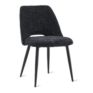 De Eetkamerstoel Monta - Antraciet is een moderne stoel met een gebogen rugleuning, zwarte bekleding en vier slanke, taps toelopende, zwarte poten, afgebeeld op een witte achtergrond.