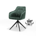 De Eetkamerstoel Jazz zwart draaivoet - Aurora Velours Hunter is een moderne groene velours eetkamerstoel met een zwarte metalen draaivoet (180° rotatie, auto-return). Nederlandse tekst en een pijl markeren de draai- en auto-return-functies.