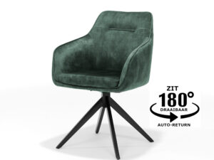 De Eetkamerstoel Jazz zwart draaivoet - Aurora Velours Hunter is een moderne groene velours eetkamerstoel met een zwarte metalen draaivoet (180° rotatie, auto-return). Nederlandse tekst en een pijl markeren de draai- en auto-return-functies.