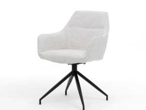 De Toscane Eetkamerstoel - Stof Oasis Natural heeft een modern design met gebogen armleuningen, lichte natuurlijke bekleding en een zwart metalen vierpoots draaivoet, afgebeeld tegen een effen witte achtergrond.