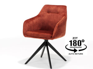 De Eetkamerstoel Jazz zwart draaivoet - Aurora Velours Copper is een moderne roestkleurige fluwelen eetkamerstoel met een zwarte metalen draaivoet en 180° auto-return functie, zoals te zien is op de tekst “ZIT 180° DRAAIBAAR AUTO-RETURN” naast de stoel.