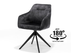 De Eetkamerstoel Jazz zwart draaivoet - Aurora Velours Antraciet is een moderne antraciete stoel met armleuningen, zwarte metalen draaivoet, 180° rotatie en auto-return. Nederlandse tekst de draaifunctie van deze eetkamerstoel.