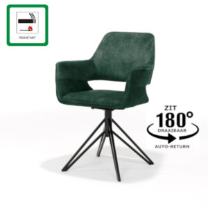 De Katy Eetkamerstoel - Aurora Velours Hunter UKFR heeft een groene bekleding, metalen draaivoet, is brandvertragend en kan 180° draaien met auto-return.