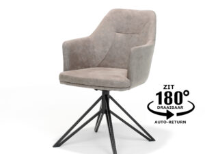 De Calvin Eetkamerstoel draaivoet zwart Stof Soft Pebble is een lichtbruin gestoffeerde draaistoel met zwarte metalen poten die 180° draait en automatisch terugkeert naar de oorspronkelijke positie.