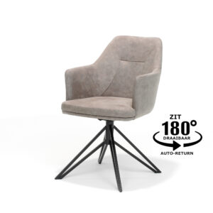 De Calvin Eetkamerstoel draaivoet zwart Stof Soft Pebble is een lichtbruin gestoffeerde draaistoel met zwarte metalen poten die 180° draait en automatisch terugkeert naar de oorspronkelijke positie.