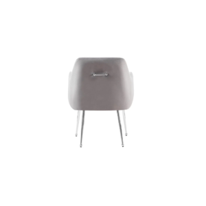 De STOEL MILA VC802A SILVER + GREY heeft een gladde, lichtgrijze gestoffeerde rugleuning, slanke chromen poten en een horizontale metalen handgreep aan de achterkant, afgezet tegen een effen witte achtergrond.
