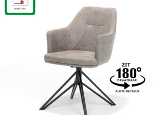 De Eetkamerstoel Calvin draaivoet zwart in UKFR Soft Pebble heeft een modern lichtbruin design, een zwarte metalen draaivoet (180° rotatie, automatische terugstelling), vlamvertragende stof, gewatteerde armleuningen en een licht achteroverhellende rugleuning.