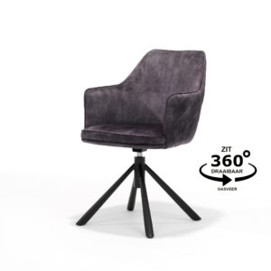 De Clio T2 Eetkamerstoel is voorzien van Aurora Velours antraciet bekleding, zwarte metalen poten, armleuningen, een 360° draaibare voet en een gasliftmechanisme - alles afgebeeld tegen een witte achtergrond.