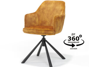 De Clio T2 Eetkamerstoel - Aurora Velours Goud is voorzien van geelbruine bekleding, zwarte statiefpoten en een 360° draaibaar onderstel met gasveermechanisme. Tekst luidt: Zit 360° draaibaar gasveer.