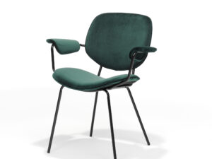 De Eetkamerstoel Leanne Zwart heeft een donkergroene, met velours beklede zitting, rugleuning en armleuningen op een strak, zwart metalen frame met vier poten, tegen een effen witte achtergrond.