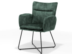 De Eetkamerstoel Sense zwart - Aurora Velours Hunter is een moderne groene fauteuil met pluche bekleding, een schuine rugleuning en slanke, zwarte metalen poten in een X-vorm, afgebeeld tegen een witte achtergrond.