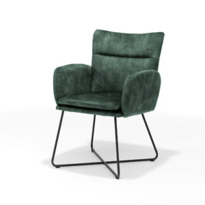 De Eetkamerstoel Sense zwart - Aurora Velours Hunter is een moderne groene fauteuil met pluche bekleding, een schuine rugleuning en slanke, zwarte metalen poten in een X-vorm, afgebeeld tegen een witte achtergrond.