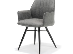 De Eetkamerstoel Clark zwart Stof Soft Steel is een moderne fauteuil met een grijs gestoffeerde zitting en rugleuning, zwarte metalen poten, slanke armleuningen en een mid-century design met schuine poten.